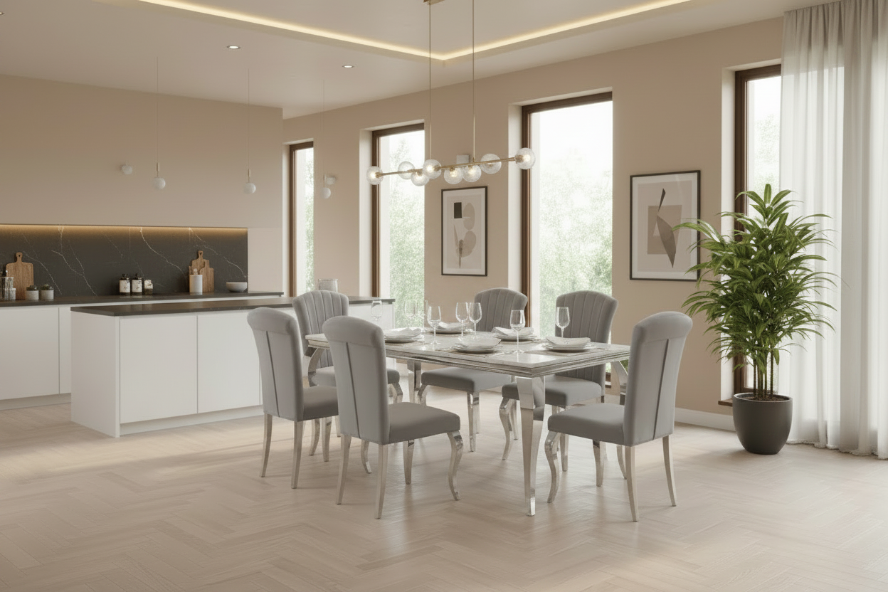 Ensemble Table à manger 150cm Marbré + 6 Chaises Velours Gris Pieds Chromés #couleur_gris