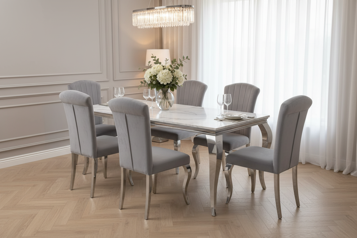 Ensemble Table à manger 150cm Marbré + 6 Chaises Velours Gris Pieds Chromés