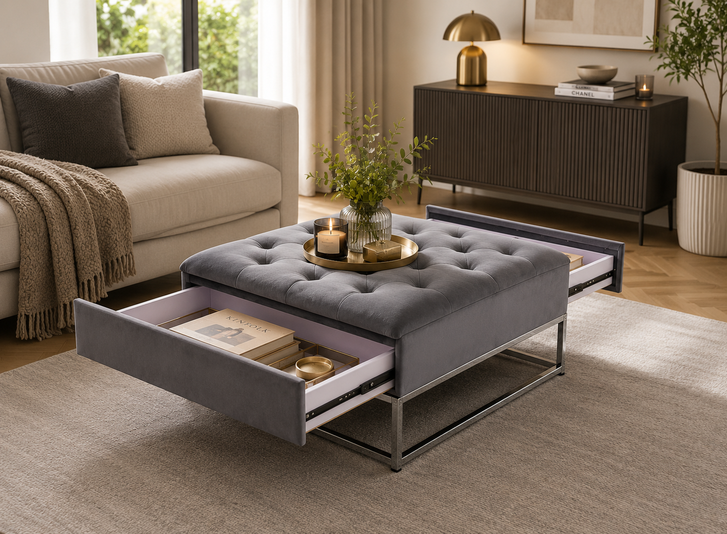 Table basse pouf velours gris 80x80 cm - CAPITONNE