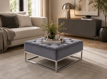 Table basse pouf velours gris 80x80 cm - CAPITONNE