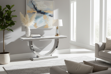 Console en métal chromé plateau effet marbre 120 cm OMEGA