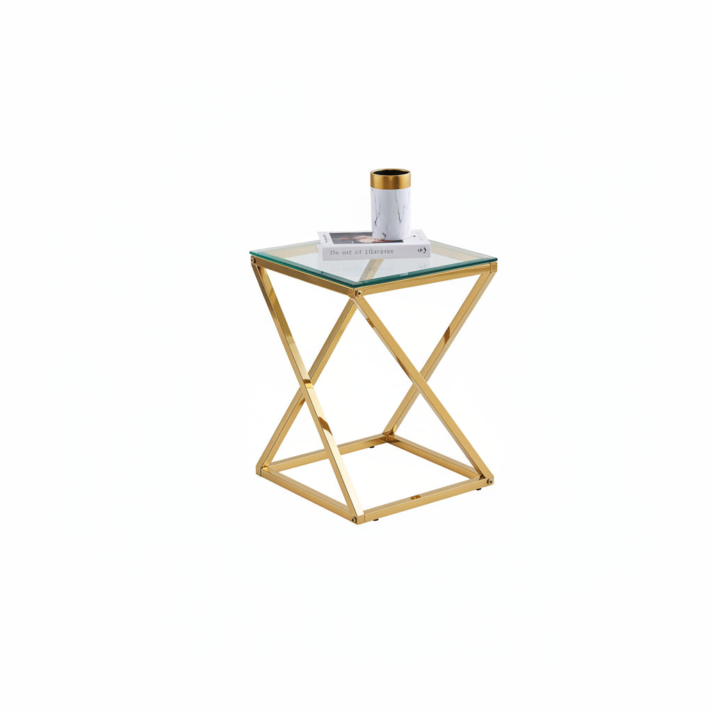 Guéridon BEVERLY – Pied Gold & Verre Transparent – 40x40x55 cm #couleur_transparent 
