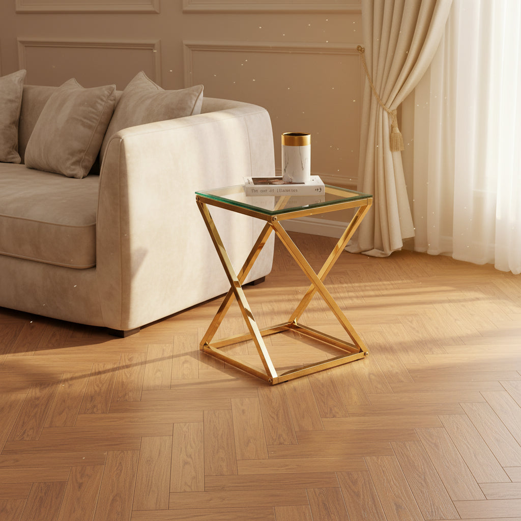 Guéridon BEVERLY – Pied Gold & Verre Transparent – 40x40x55 cm #couleur_transparent 