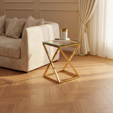 Guéridon BEVERLY – Pied Gold & Verre Transparent – 40x40x55 cm #couleur_transparent 