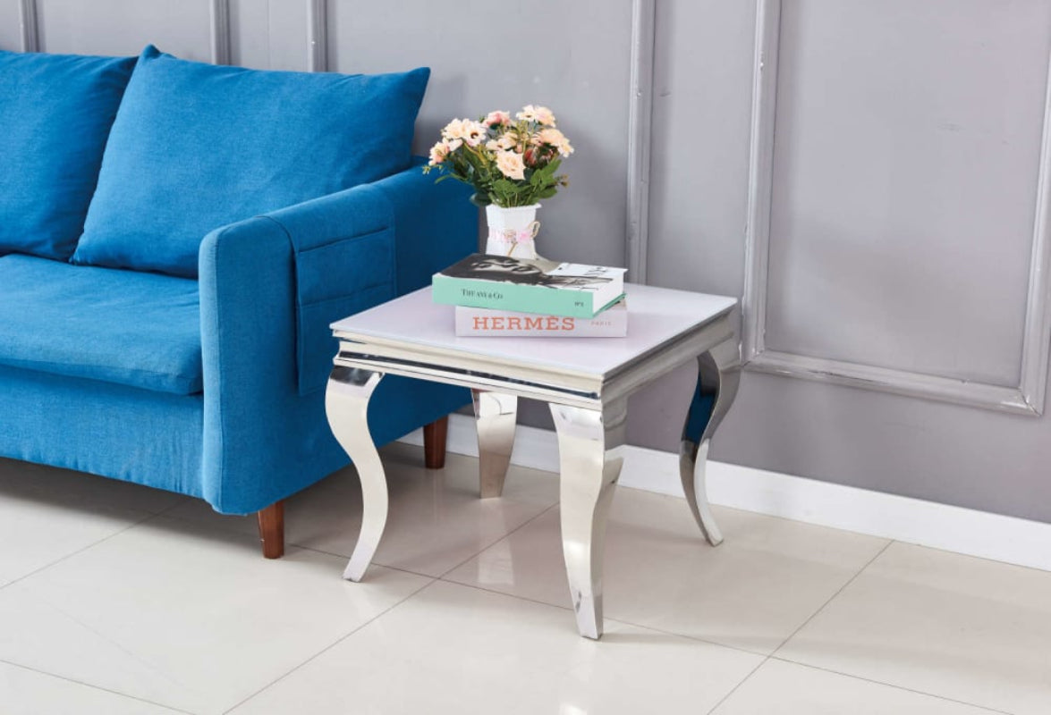 Guéridon BAROQUE – Chrome & Blanc – 55x55x55 cm #couleur_blanc