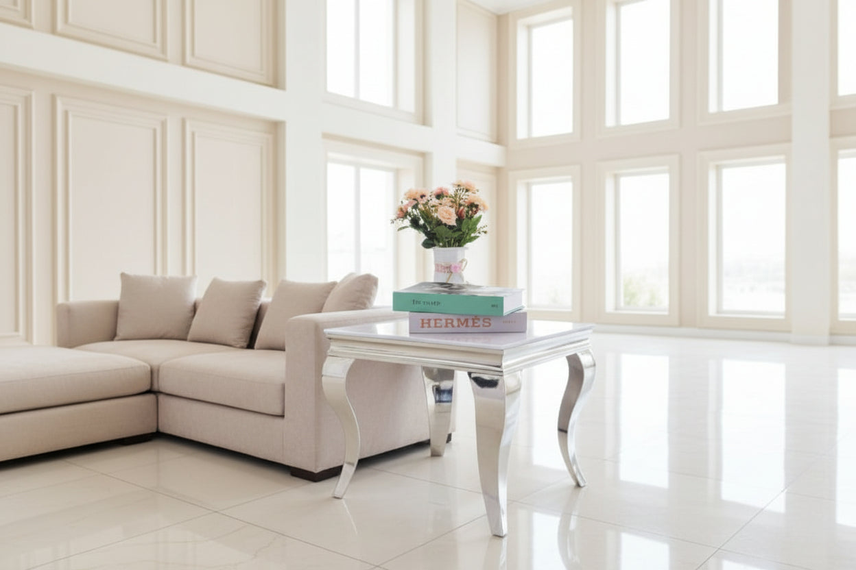 Guéridon BAROQUE – Chrome & Blanc – 55x55x55 cm #couleur_blanc