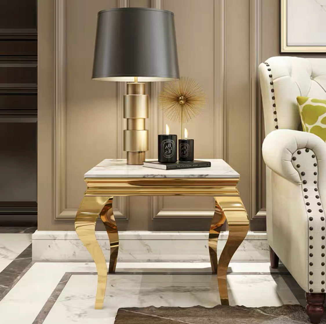 Guéridon BAROQUE gold marbre blanc 50x50 cm #couleur_marbre_blanc