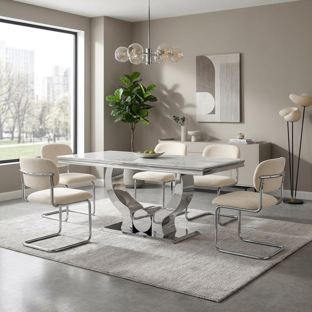 CHAISE ARC TISSU MARBELLA BEIGE PIED CHROME