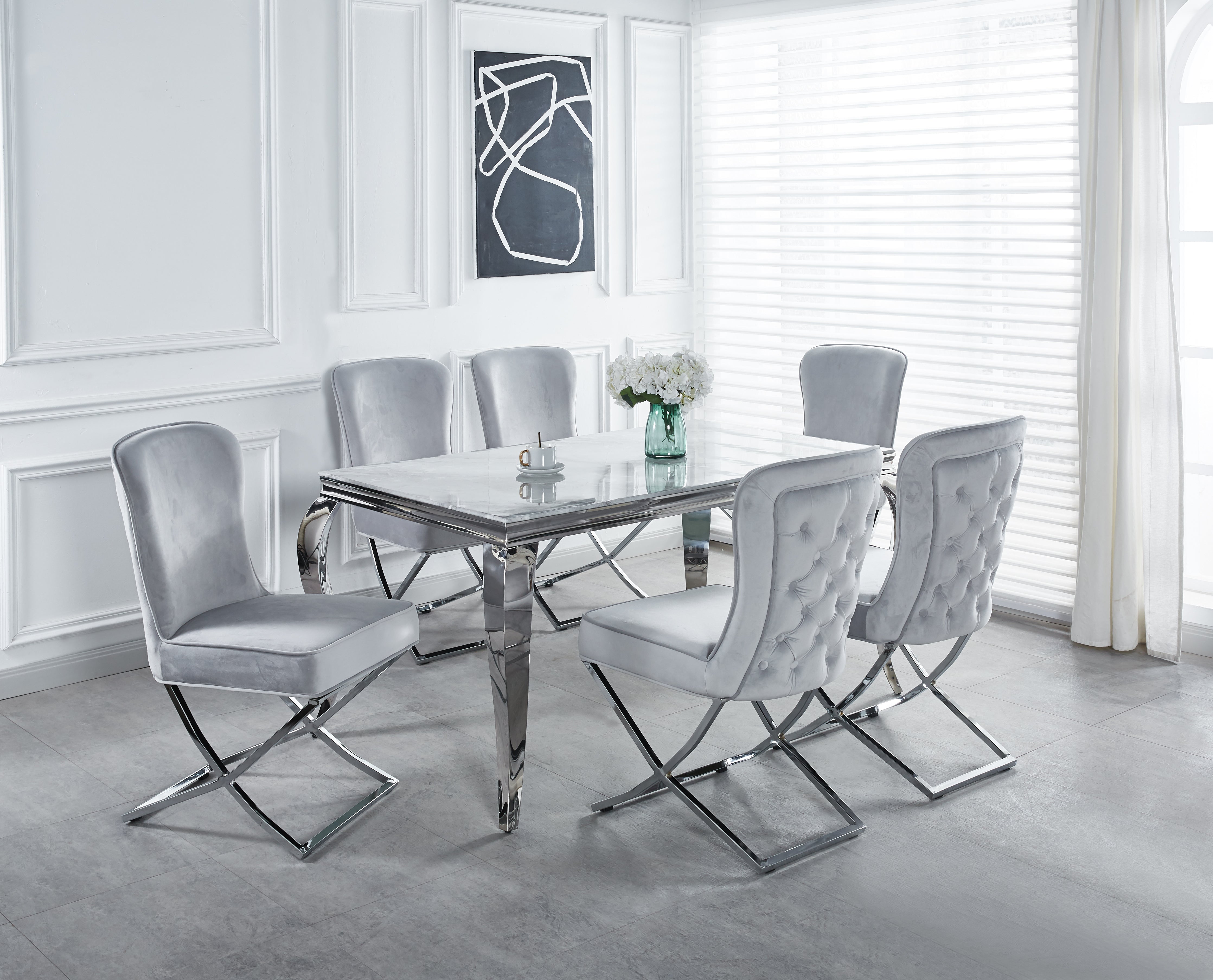 Lot 2 Chaises Salle à Manger Gabrielle Capitonnées Velours Gris Pieds Chrome 59x52x95cm