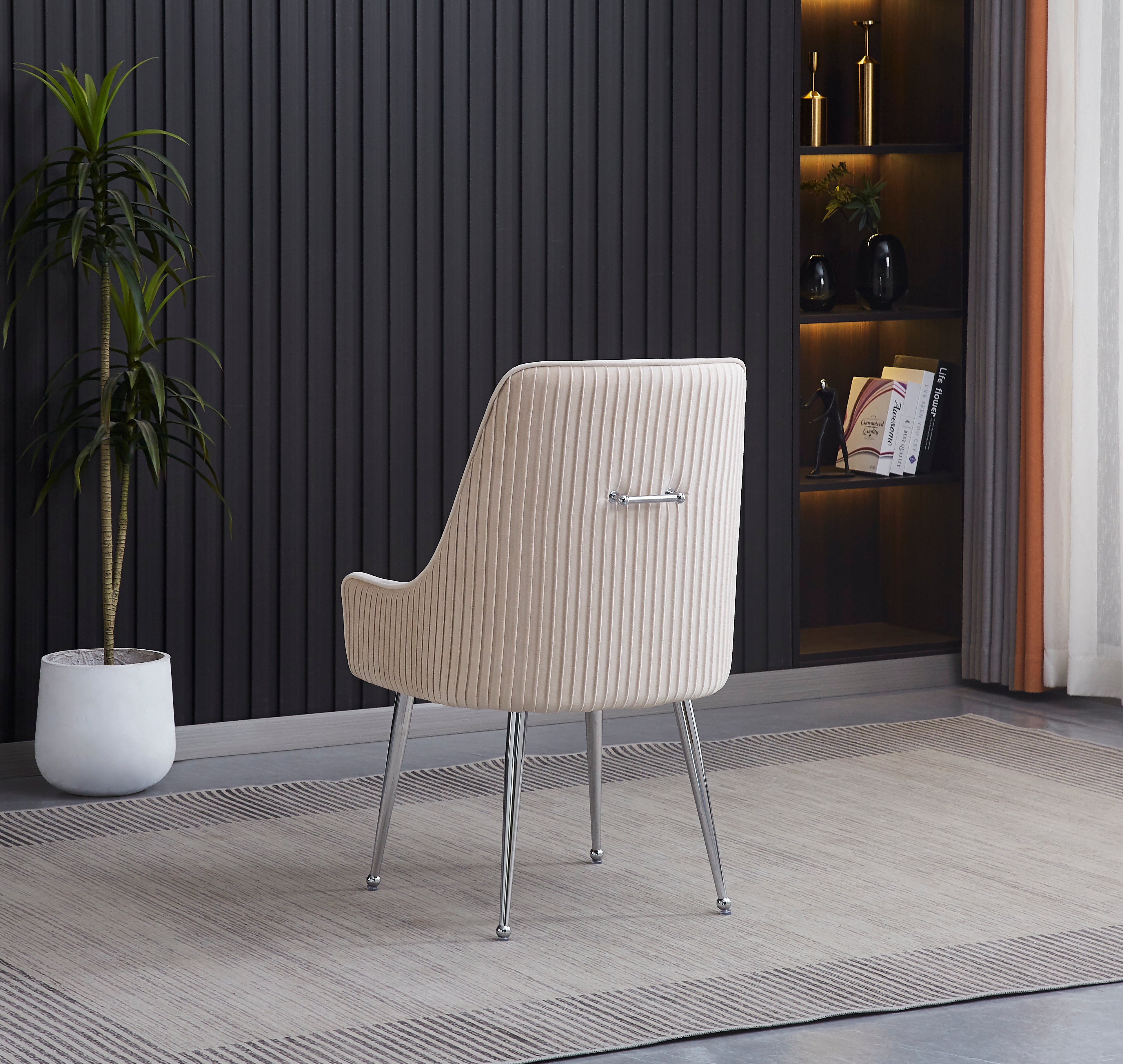 Lot 2 Chaises Salle à Manger Luxury Velours Beige Pieds Chrome 52x65,5x93,5cm