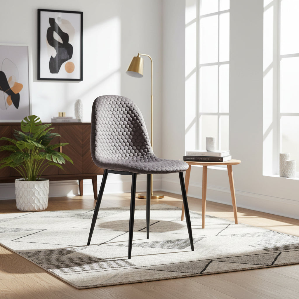 Lot 4 Chaises Salle à Manger Scandinave Alvéole Velours Anthracite Pieds Métal Noir