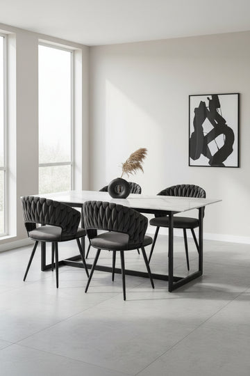 Lot 2 Chaises Salle à Manger Velours Anthracite Dossier Tressé Métal Noir CAROLINA