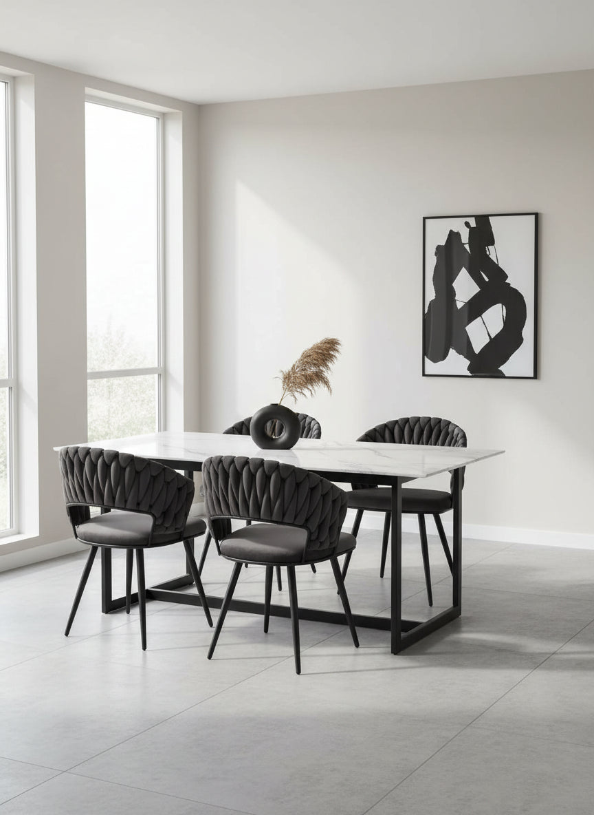 Lot 2 Chaises Salle à Manger Velours Anthracite Dossier Tressé Métal Noir CAROLINA
