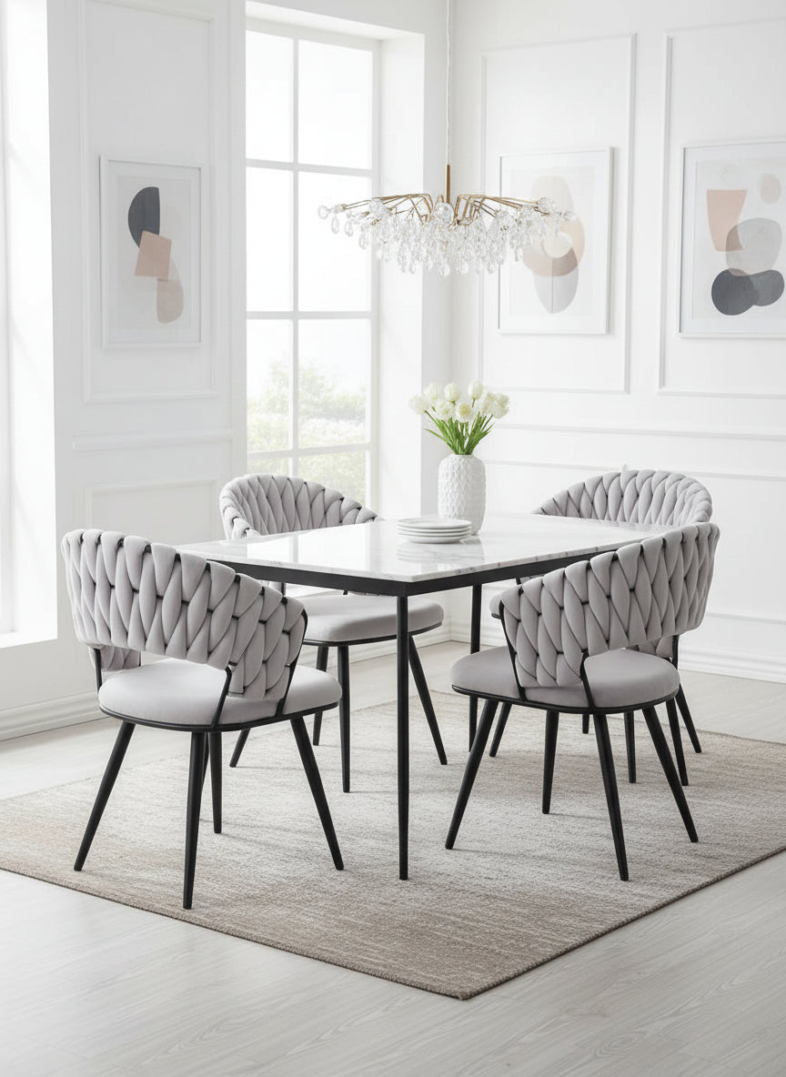 Lot 2 Chaises Salle à Manger Velours Gris Dossier Tressé Métal Noir CAROLINA