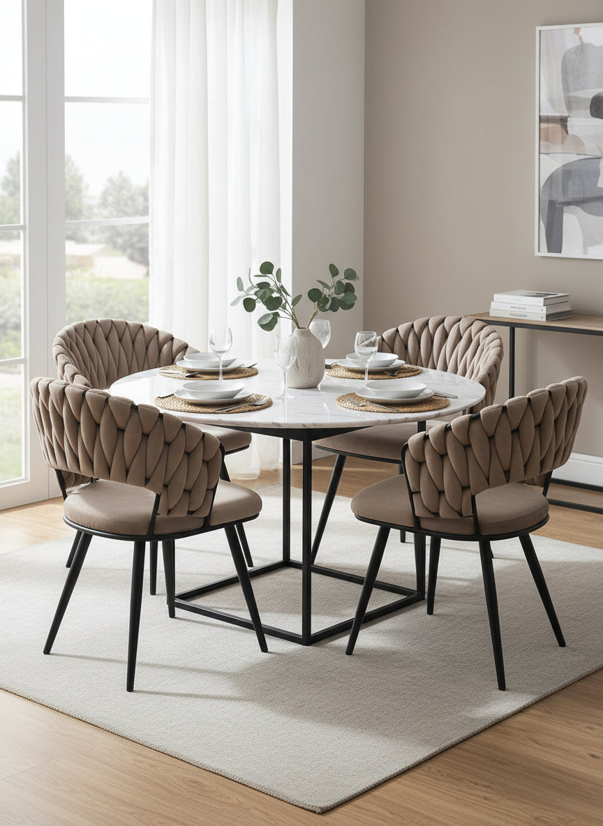 Lot 2 Chaises Salle à Manger Velours Taupe Dossier Tressé Métal Noir CAROLINA