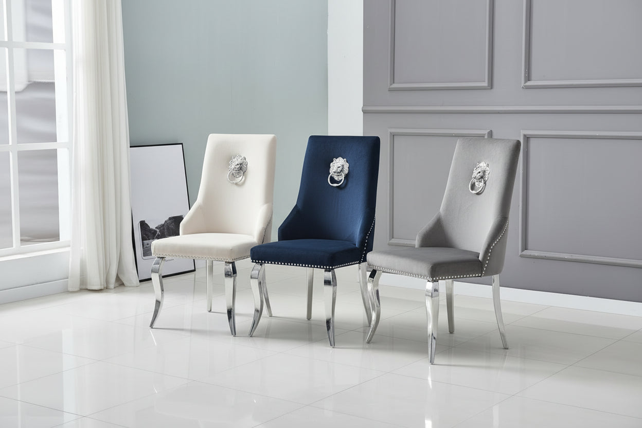 Lot de 4 Chaises LION Capitonnées et Cloutées Chrome Velours - Moka