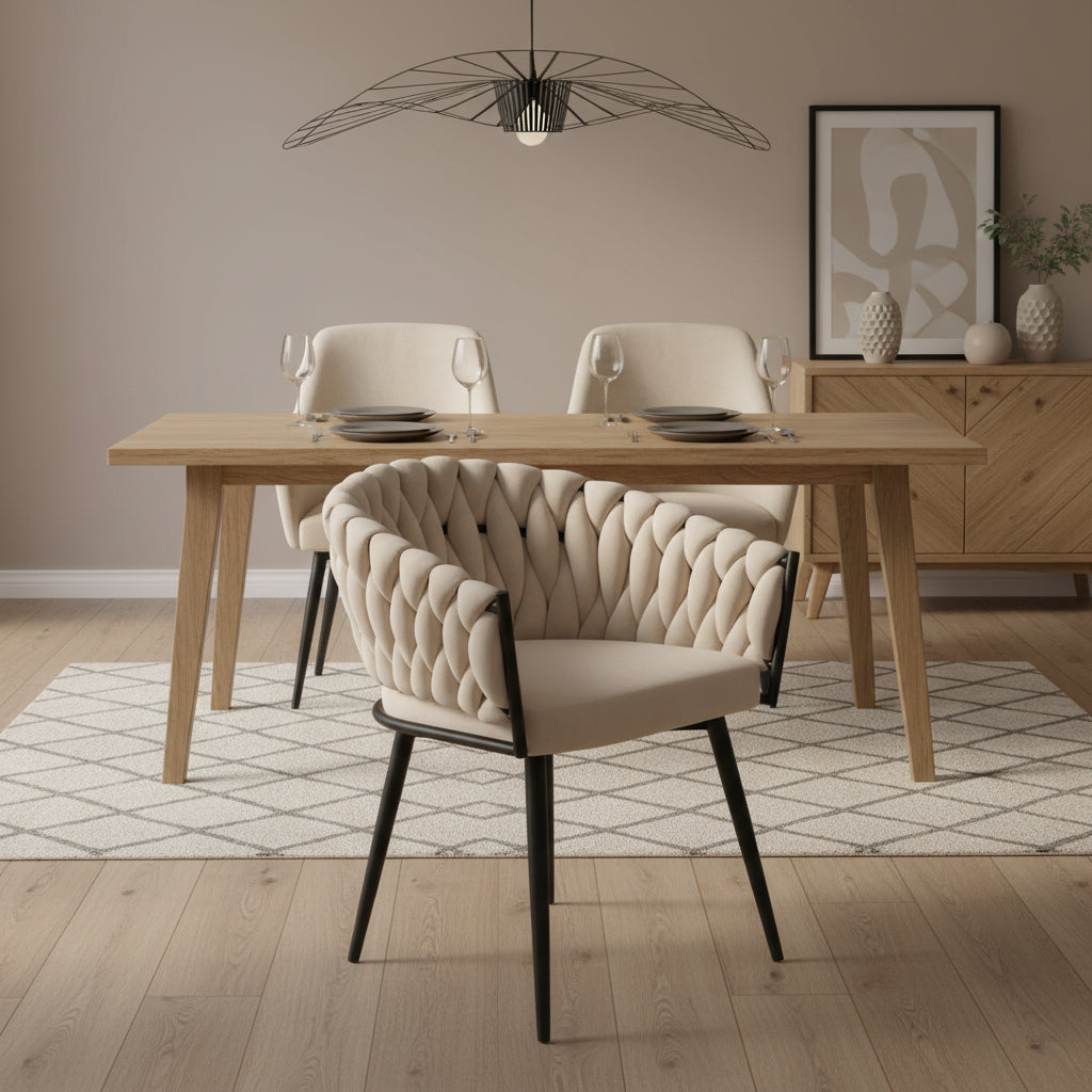 Lot de 2 chaises TRESSEES Velours Pied en métal noir - Beige