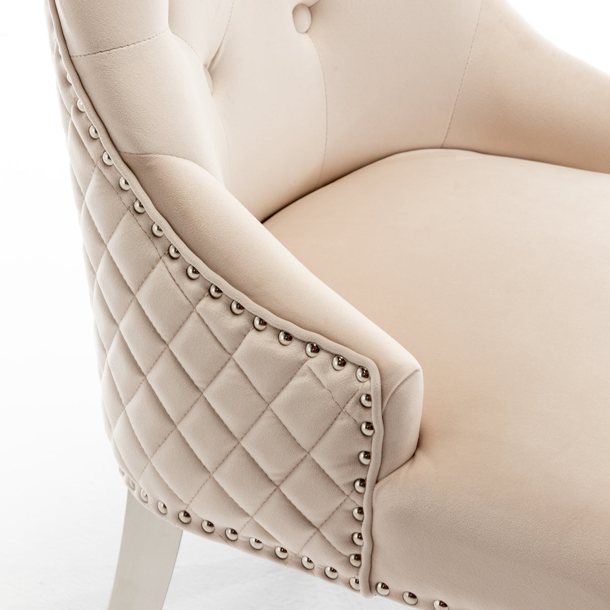 Lot de 2 chaises ANNEAU matelassée et cloutée Chrome velours - Beige