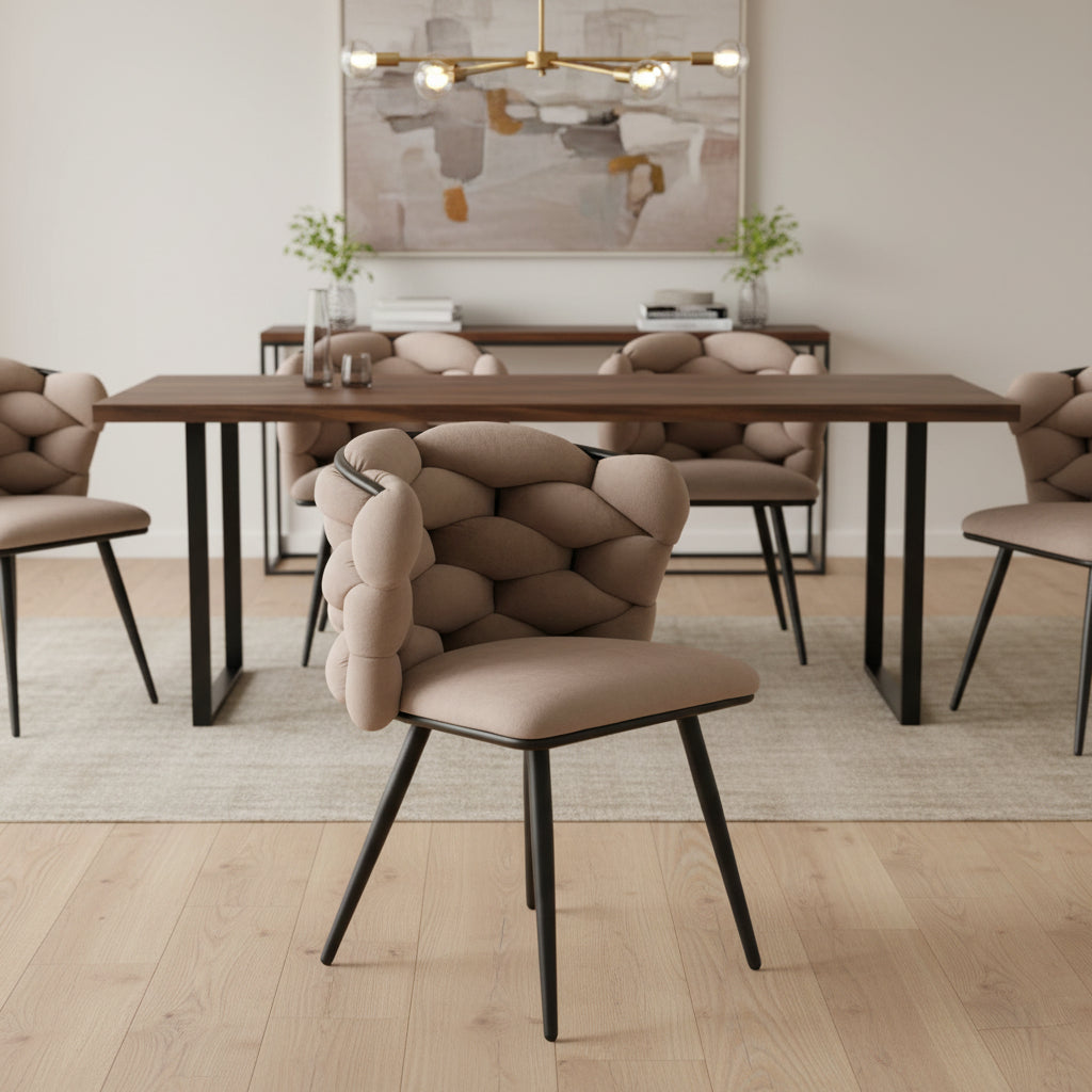 Lot 2 chaises salle à manger tissu taupe dossier tressé pieds noirs