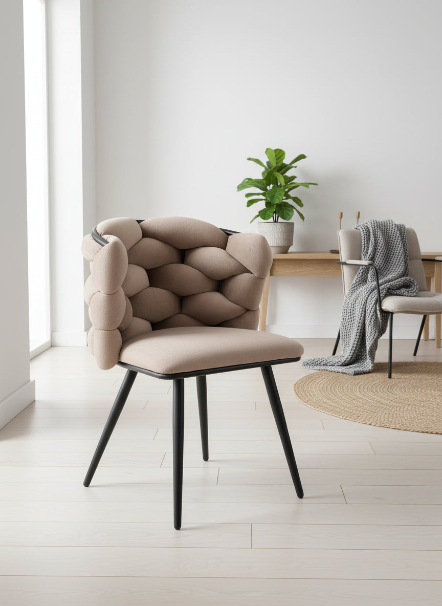 Lot 2 Chaises Salle à Manger Tissu Taupe Dossier Tressé 60x60x77cm LOLIPOP