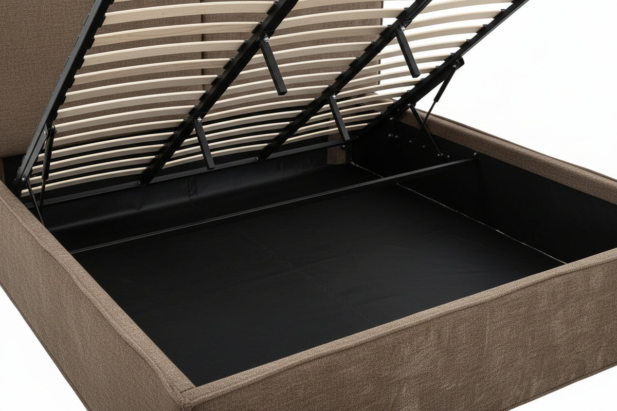 Lit coffre double tissu chenille moka sommier relevable 160x200 cm OLIVIA