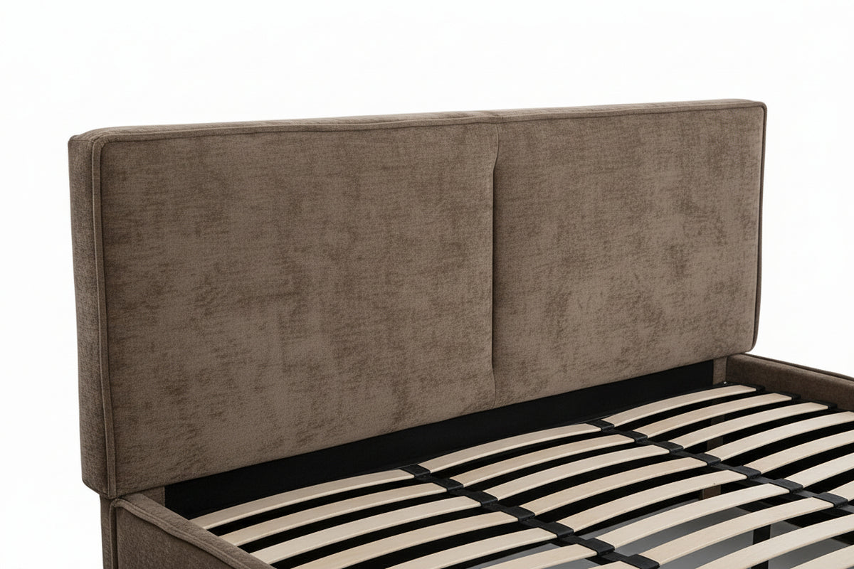 Lit coffre double tissu chenille moka sommier relevable 180x200 cm OLIVIA