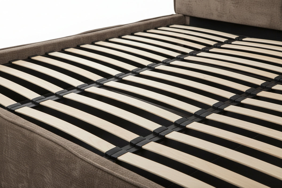 Lit coffre double tissu chenille moka sommier relevable 180x200 cm OLIVIA