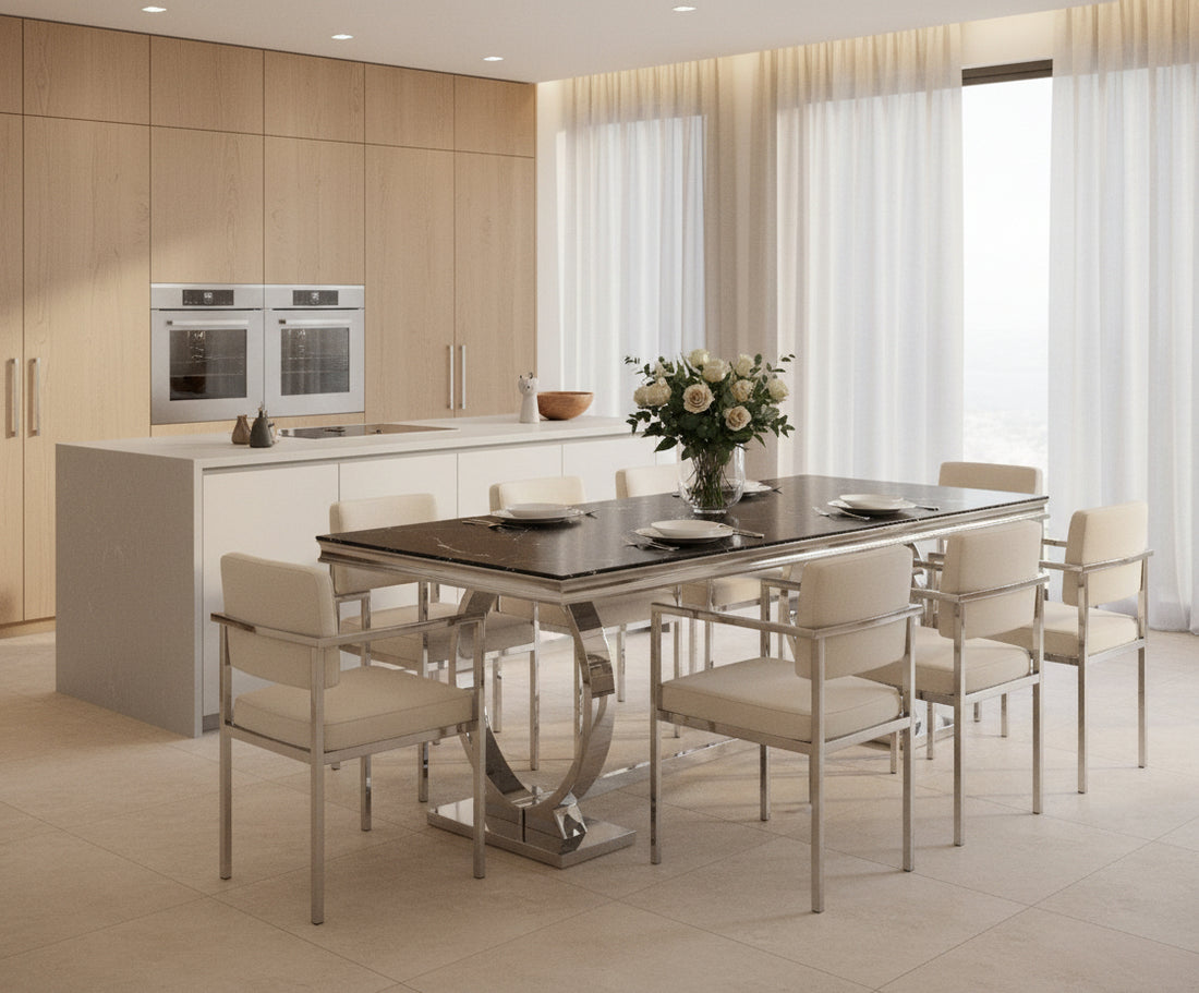 Table à Manger Rectangulaire Marbré Noir Chrome – 180x90x75 cm - OMEGA