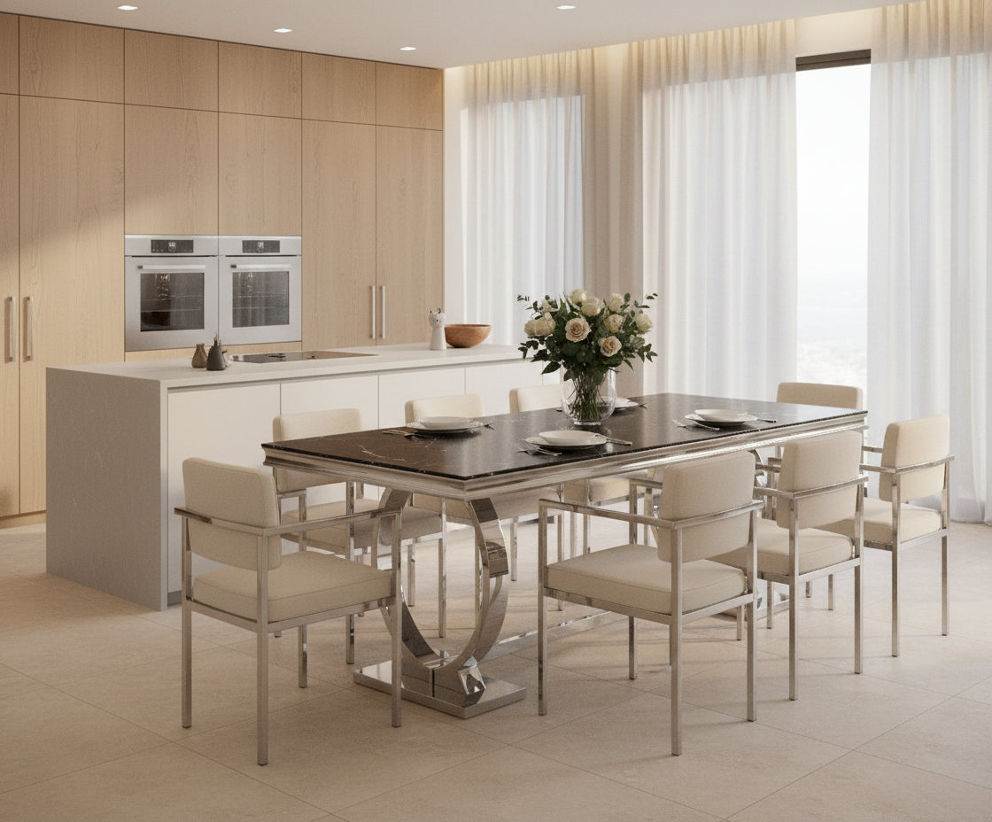 Table à Manger Rectangulaire Marbré Noir Chrome – 180x90x75 cm - OMEGA