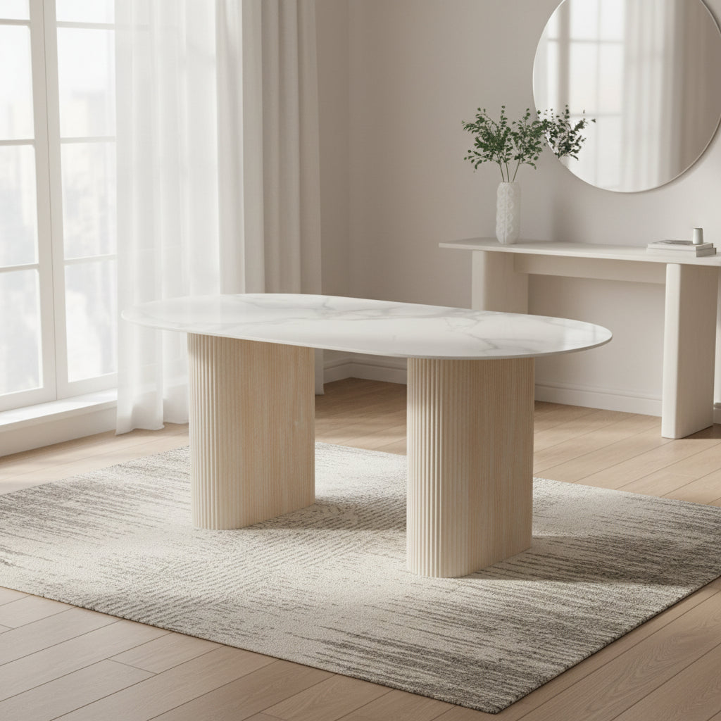 Table à manger ROXY Céramique Effet Travertin Beige 160x90x75 cm #couleur_marbre_blanc