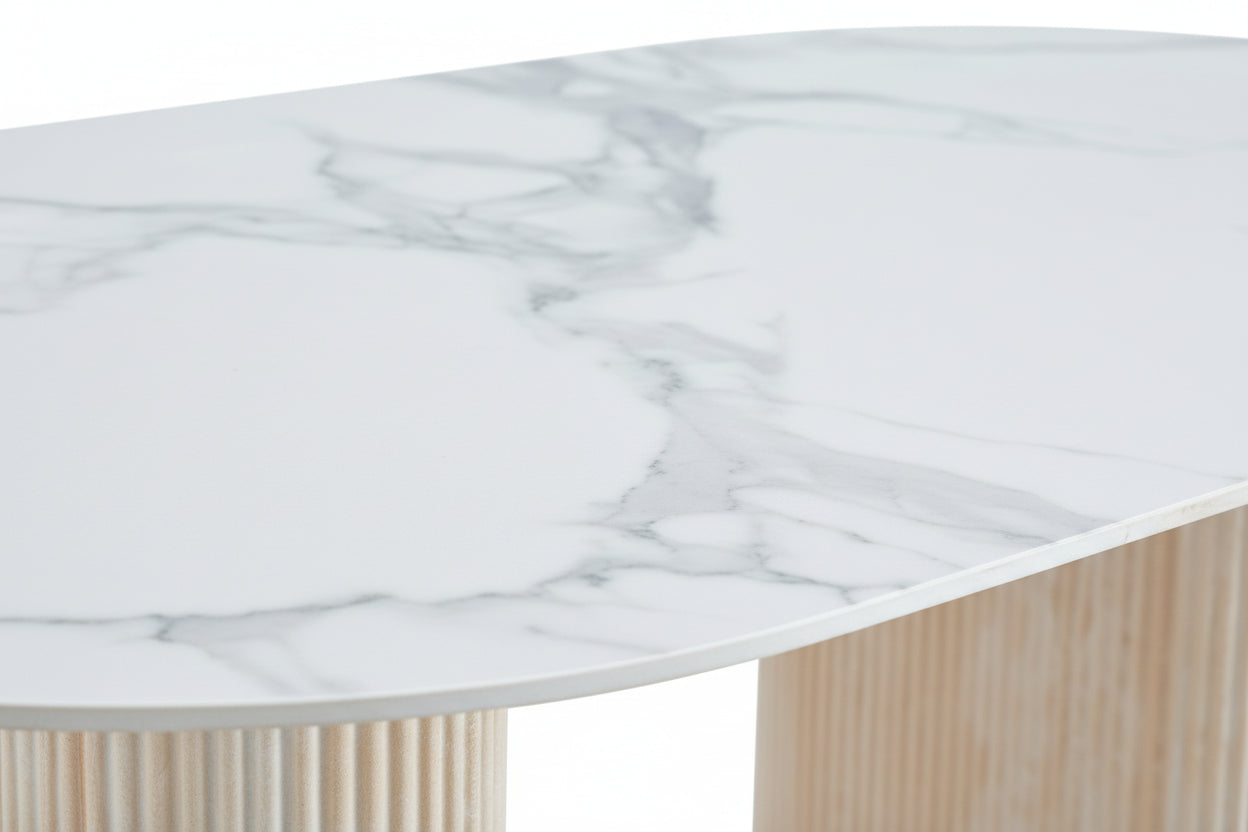 Table à manger céramique marbré blanc 160x90 cm pied travertin – ROXY