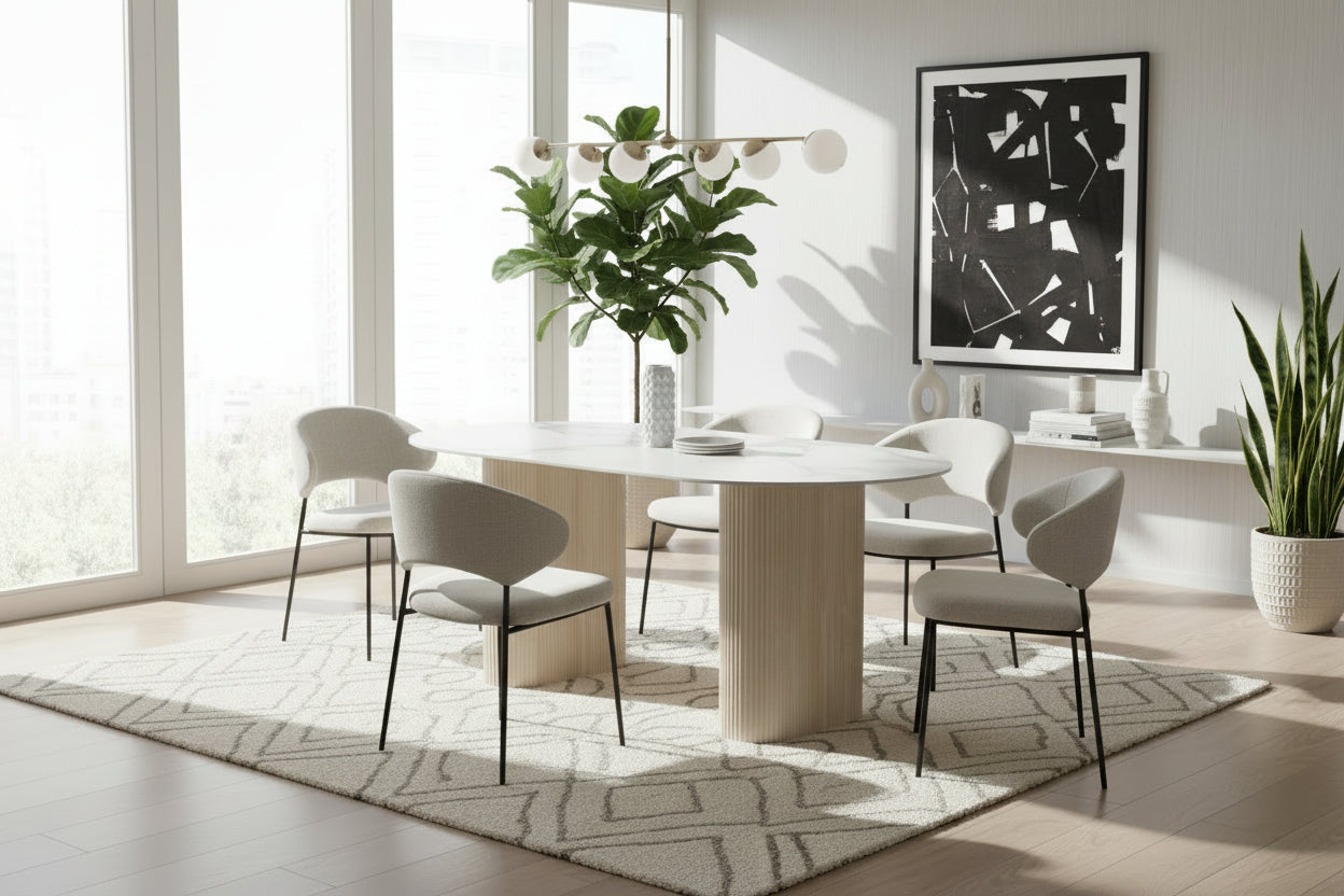 Table à manger céramique marbré blanc 160x90 cm pied travertin – ROXY