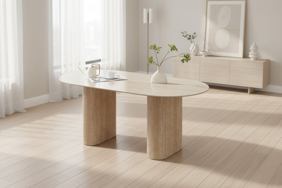Table à manger céramique effet travertin 160x90 cm pied effet travertin – ROXY