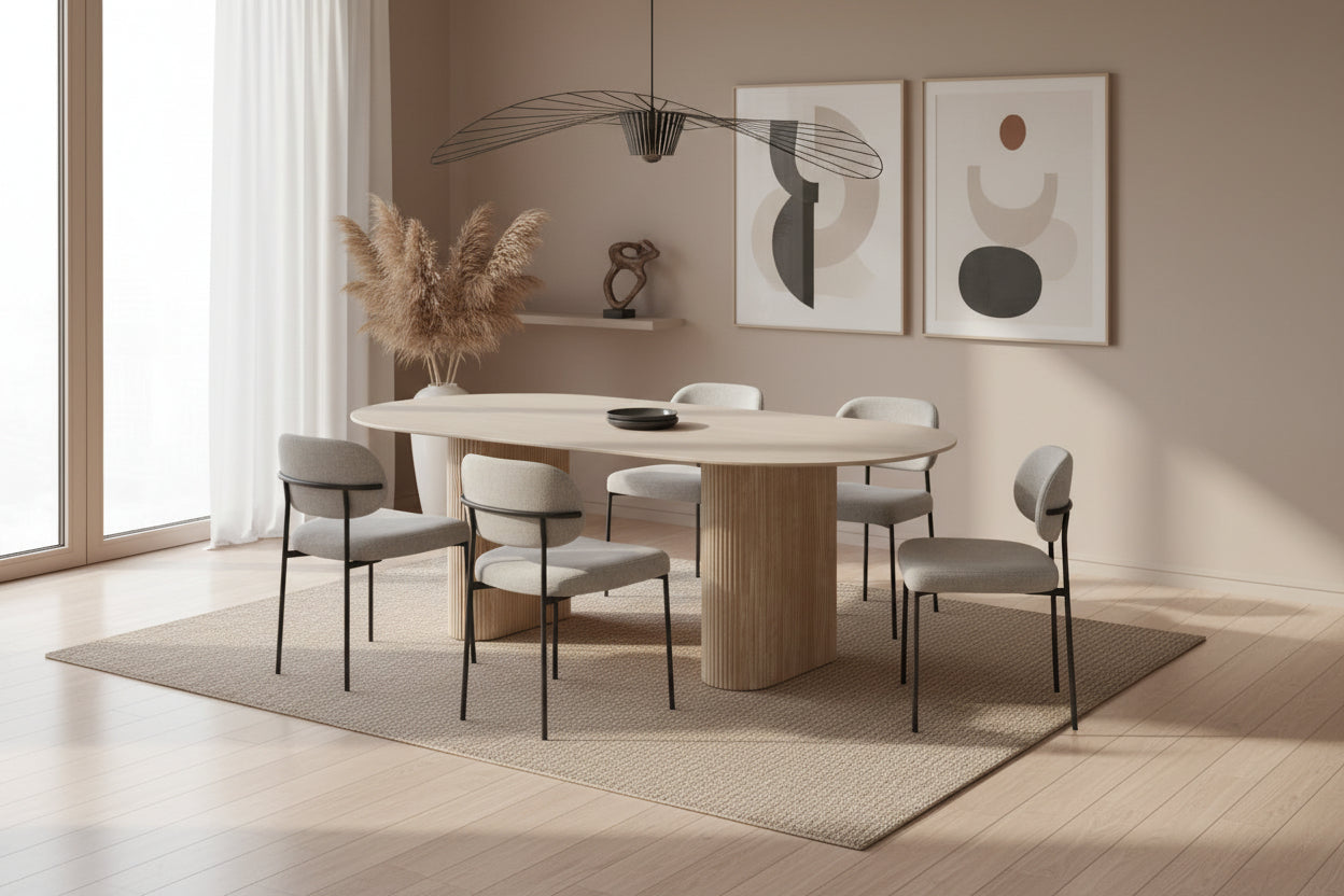 Table à manger céramique effet travertin 180x90 cm pied métal ROXY