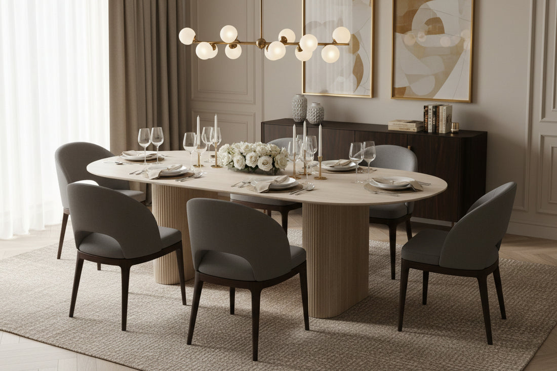 Table à manger céramique effet travertin 180x90 cm pied métal ROXY