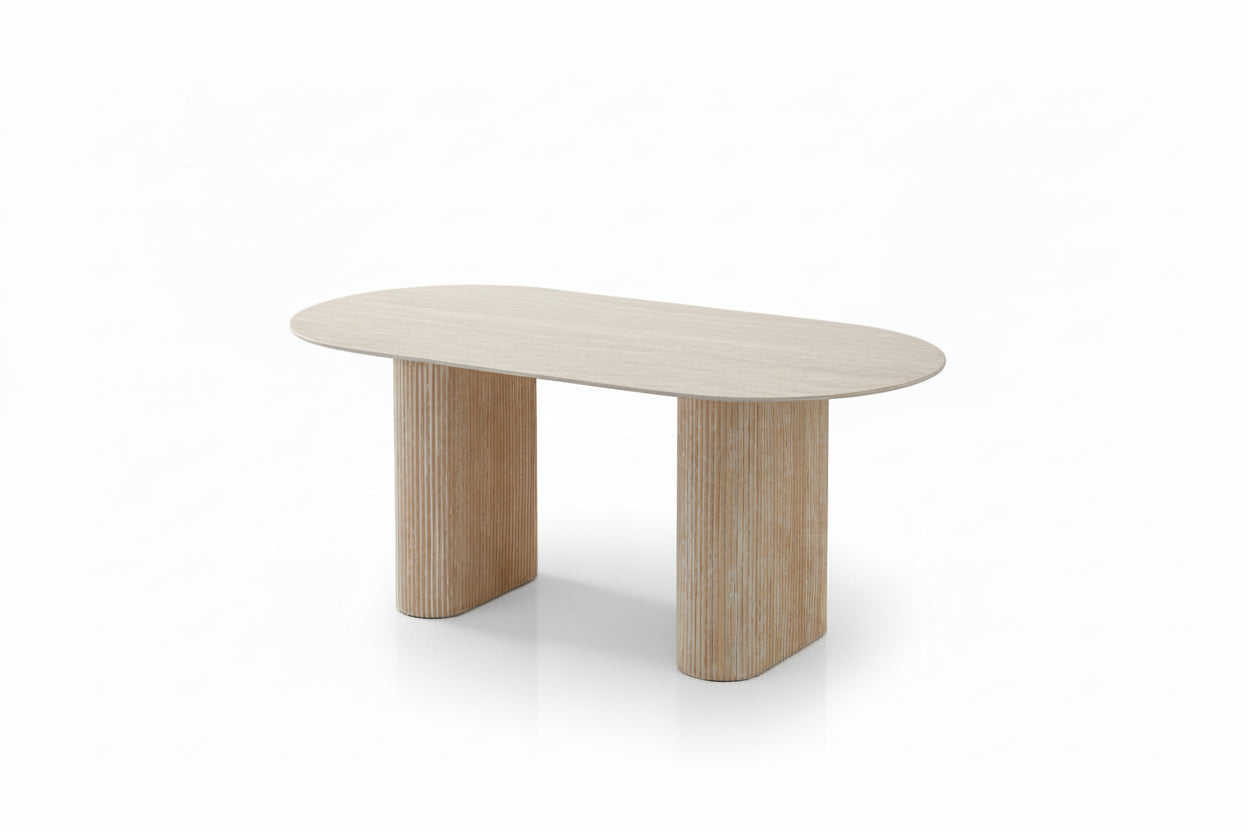 Table à manger céramique effet travertin 180x90 cm pied métal ROXY