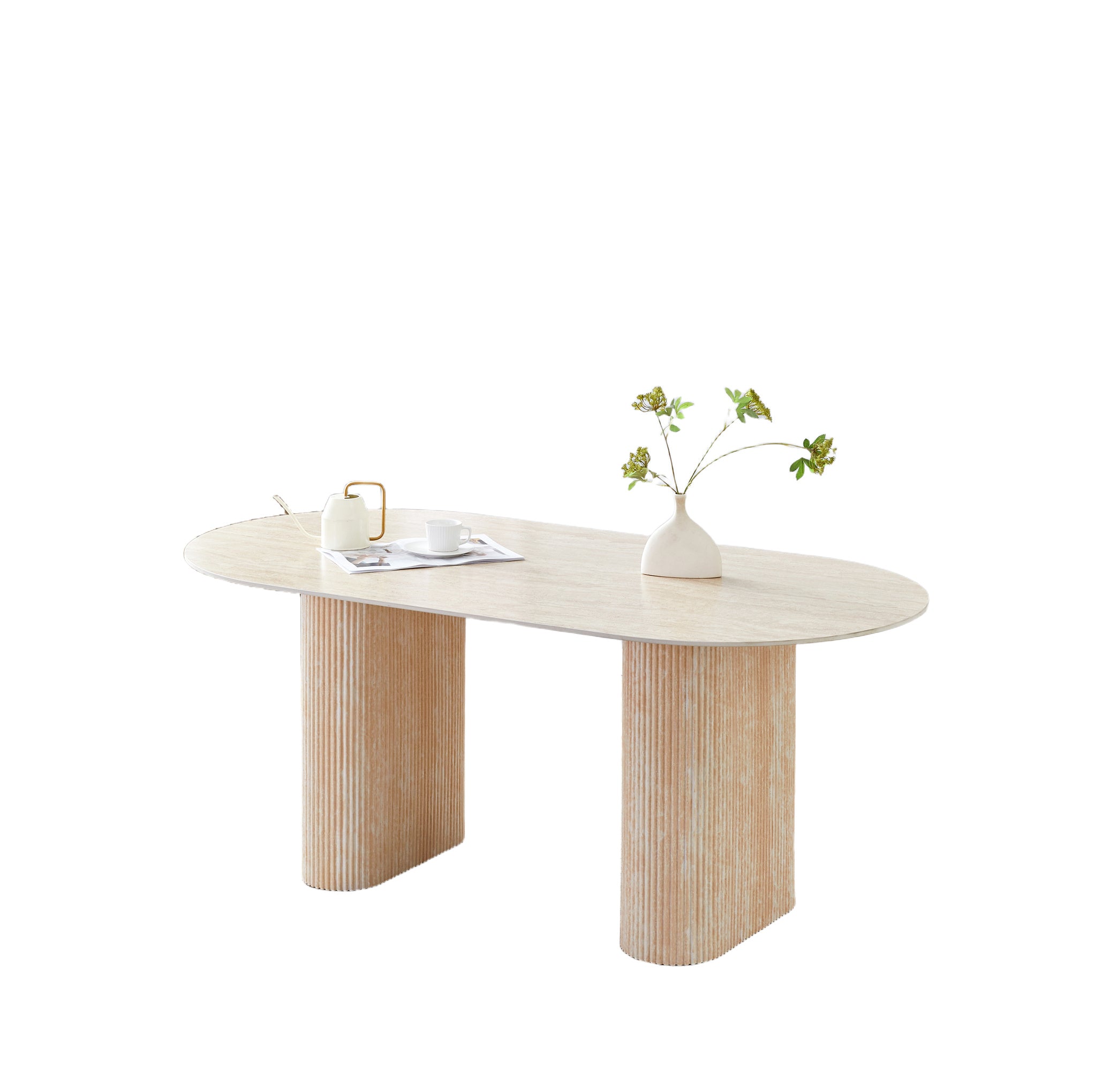 Table à manger ROXY Céramique Pied métal Effet Travertin Beige 160x90x75 cm - Travertin