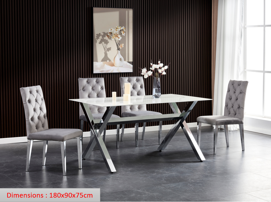 Table à manger IXE chrome XXL plateau verre trempé 180 cm