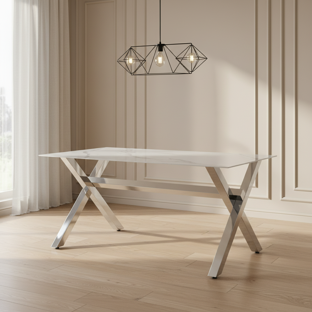 Table à manger IXE chrome XXL plateau verre trempé 180 cm