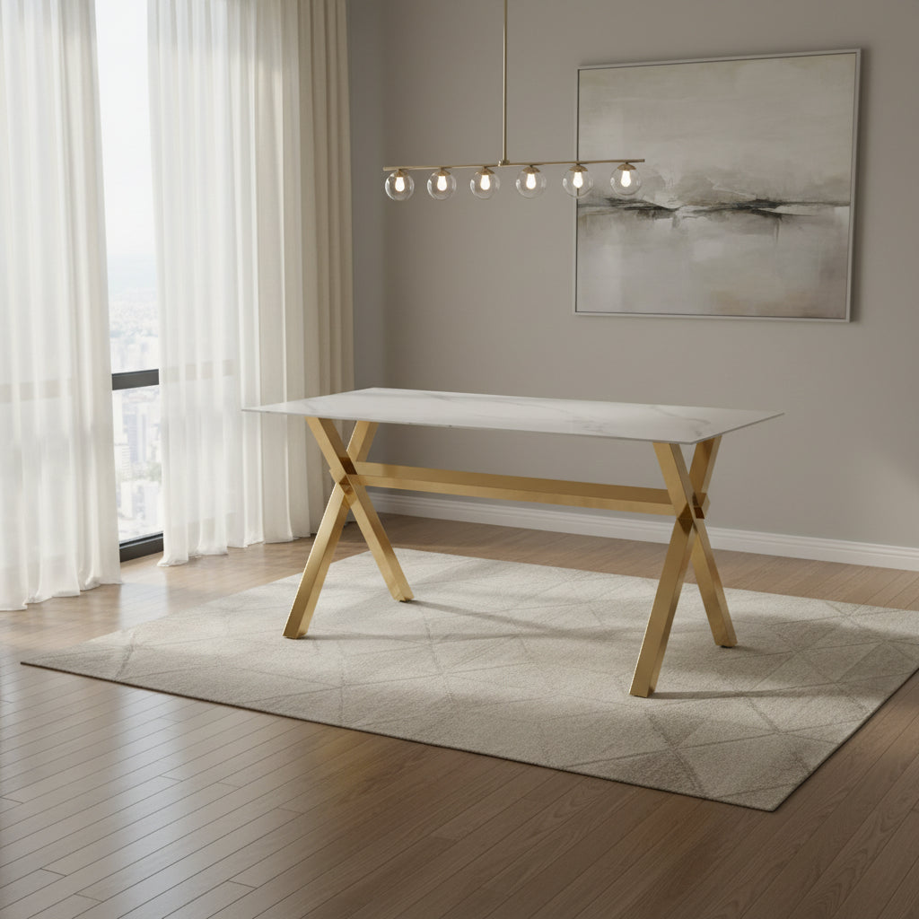 Table repas IXE gold verre trempé 150x90x75 cm #couleur_or_marbre_blanc