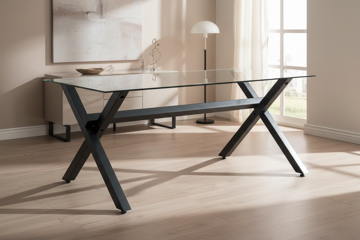 Table de Repas IXE – 150x90 cm – Verre Transparent & Structure Métal
