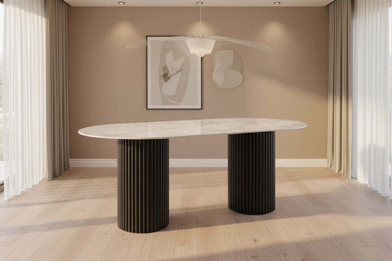 Table à manger KEYSHA 180x90 cm métal noir céramique #couleur_marbre_moka