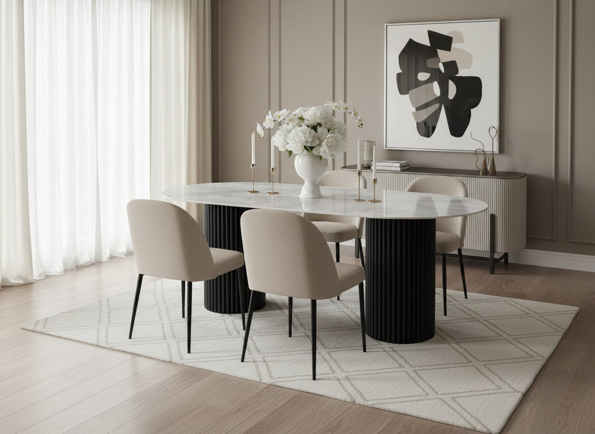 Table à Manger Ovale Céramique Marbre Moka Pieds Métal Noir 180x90x75cm – KEYSHA
