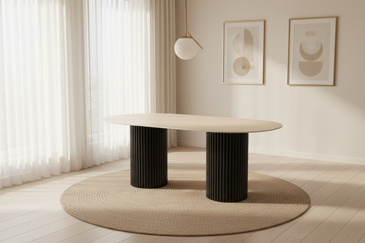 Table à manger KEYSHA 180x90 cm métal noir céramique #couleur_travertin