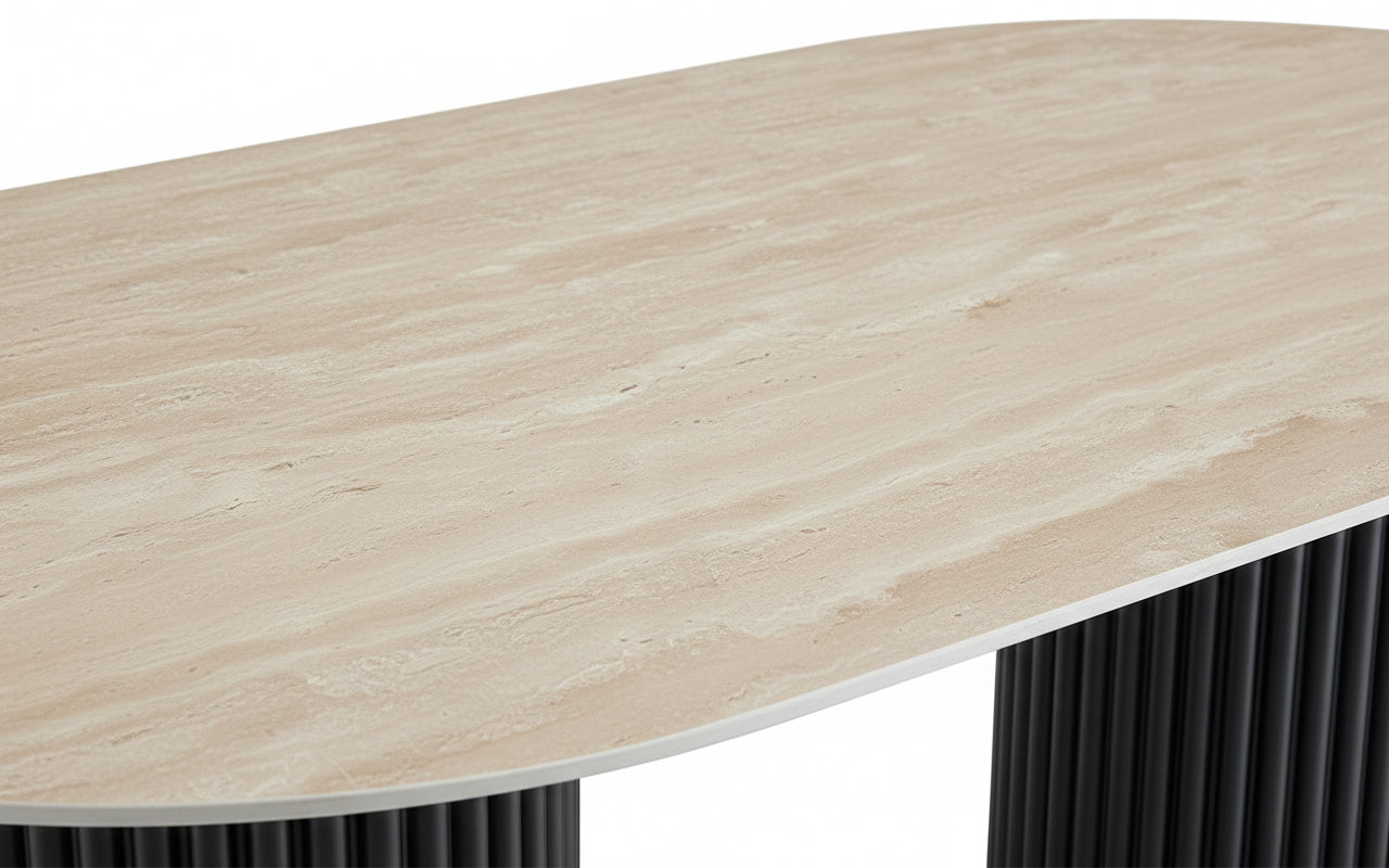 Table à Manger Ovale Céramique Beige Pieds Métal Noir - 180x90x75 cm – KEYSHA