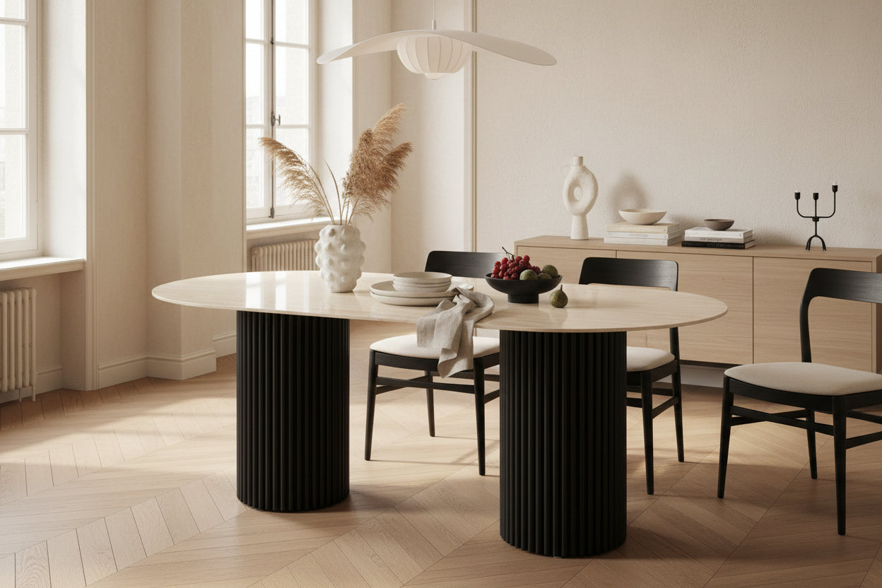 Table à manger KEYSHA 180x90 cm métal noir céramique #couleur_travertin