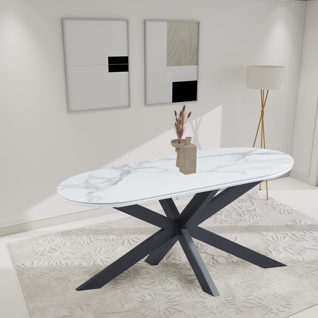 Table repas MANON 200x90 cm – métal noir & céramique marbre blanc