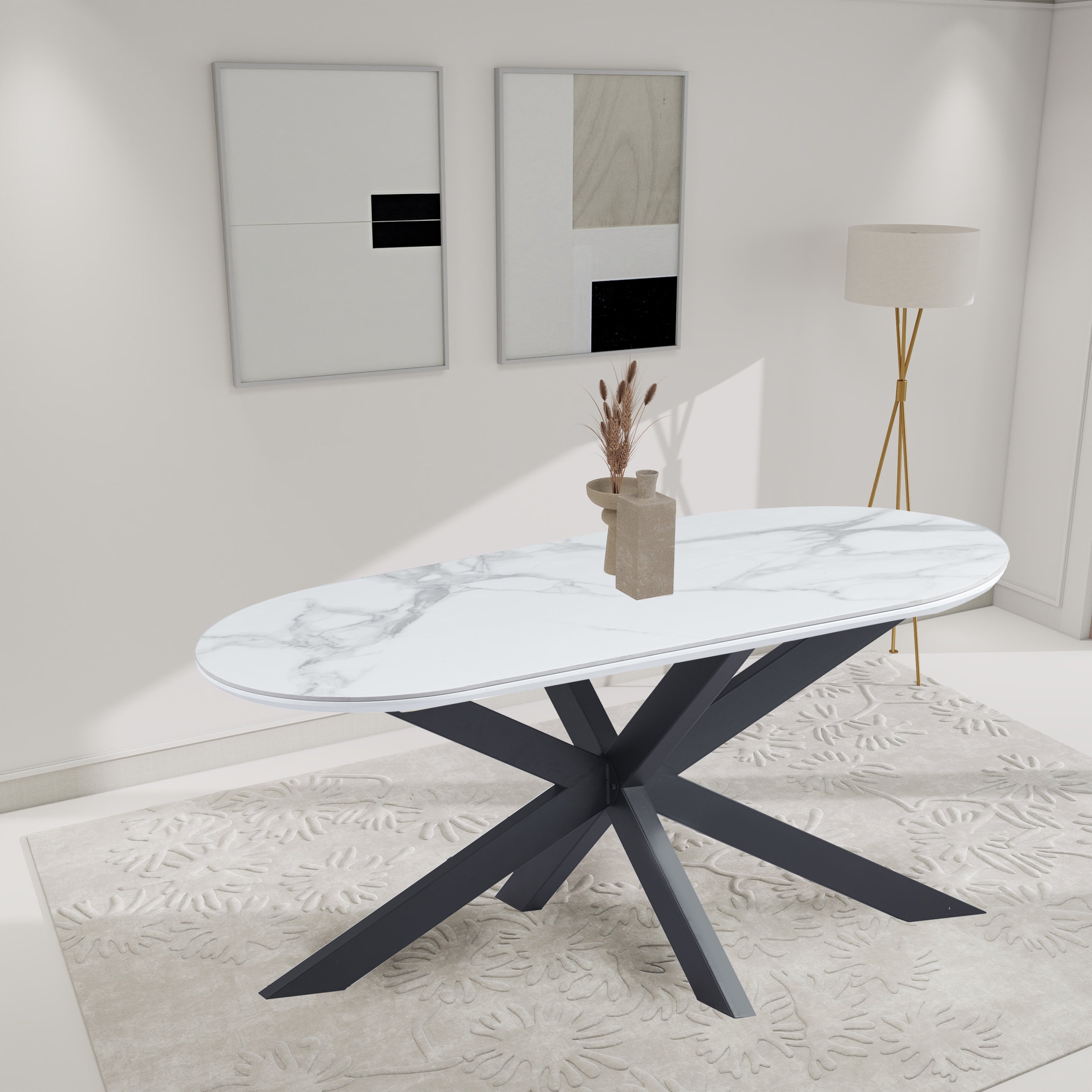 Table repas MANON 200x90 cm – métal noir & céramique marbre blanc