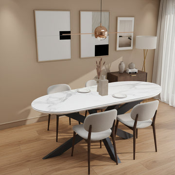 Table repas MANON 200x90 cm – métal noir & céramique marbre blanc