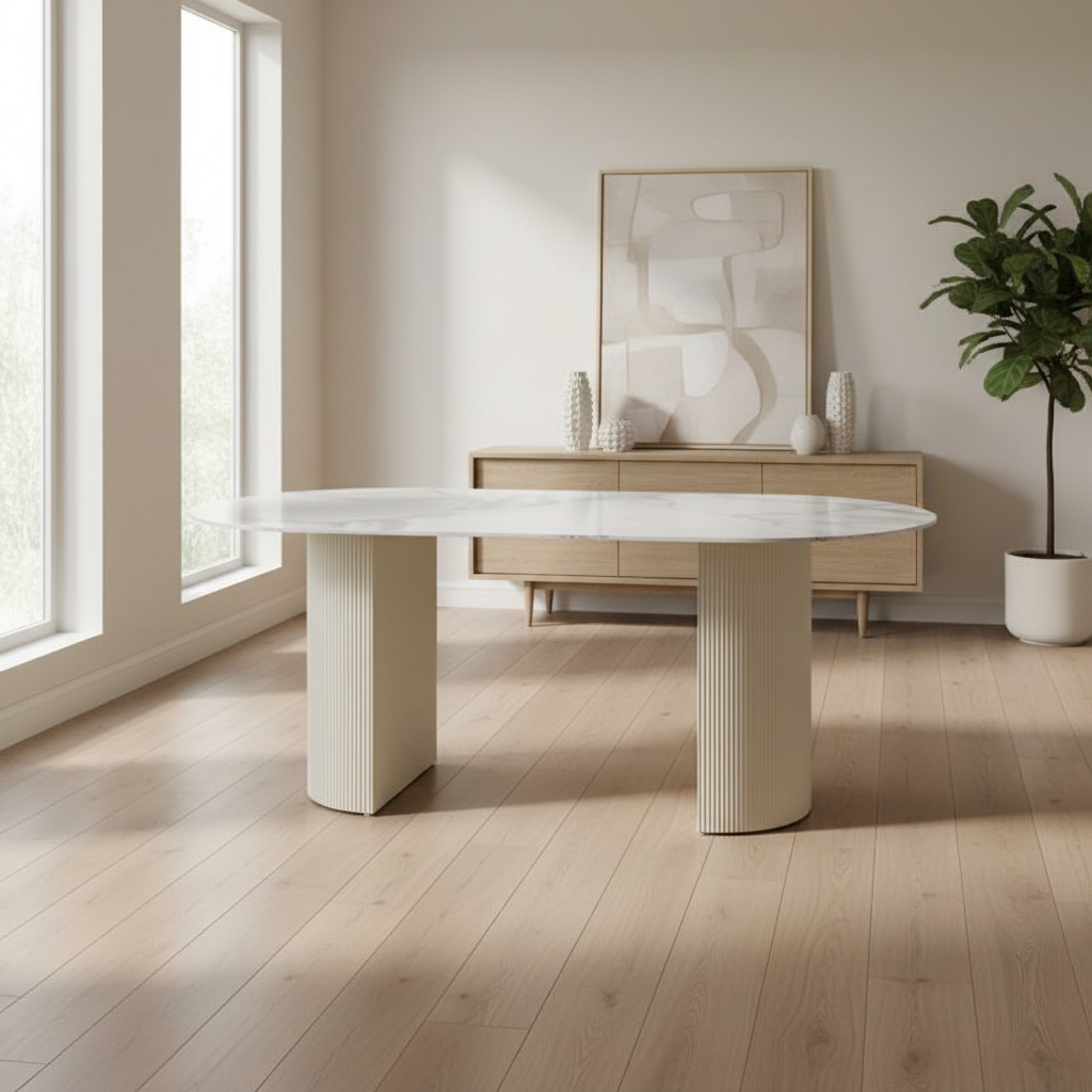 Table à manger ANNA plateau en céramique marbré blanc L 180 cm